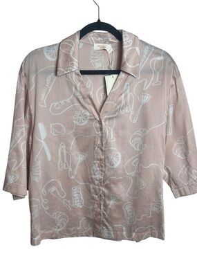 NWT NEIWAI Petite Pink Sketch Print Cotton Pajama Top Button Front Small
